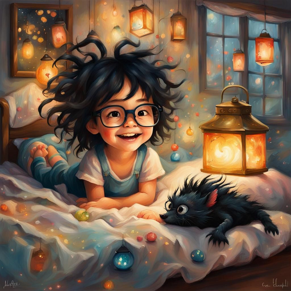 A whimsical, painterly fantasy oil painting of a toddler gir...