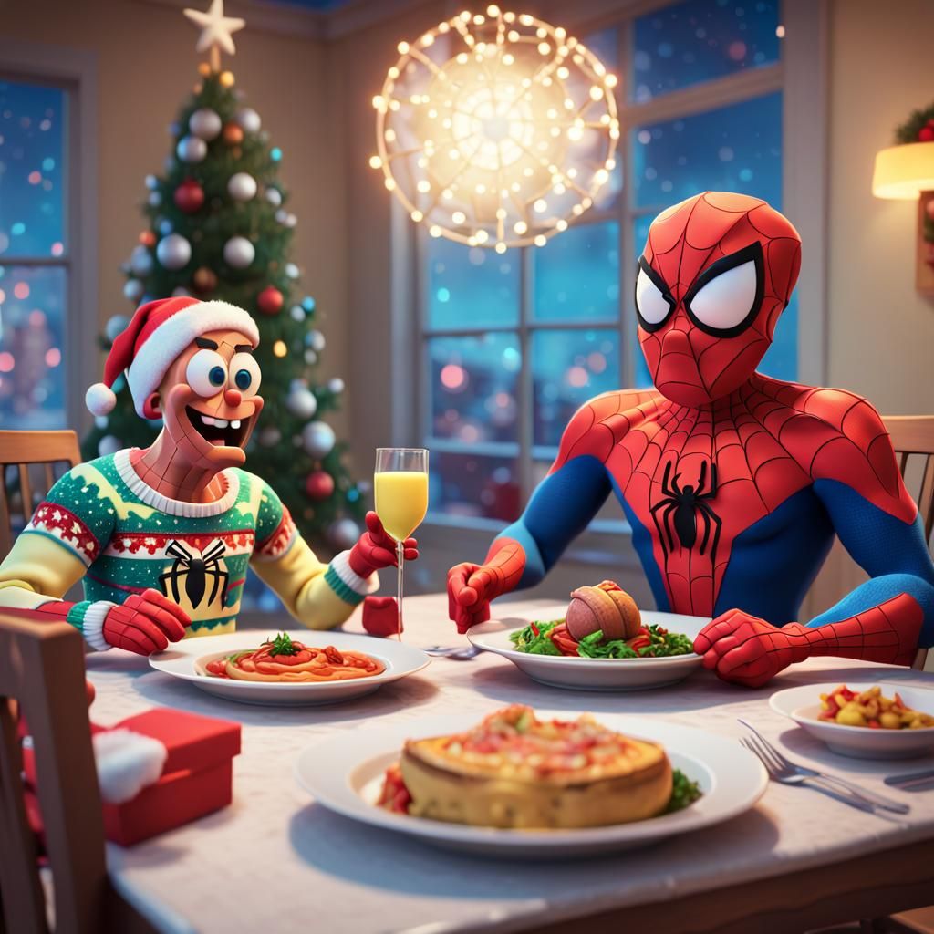 Spongebob Square pants and Spiderman having christmas dinner - AI ...