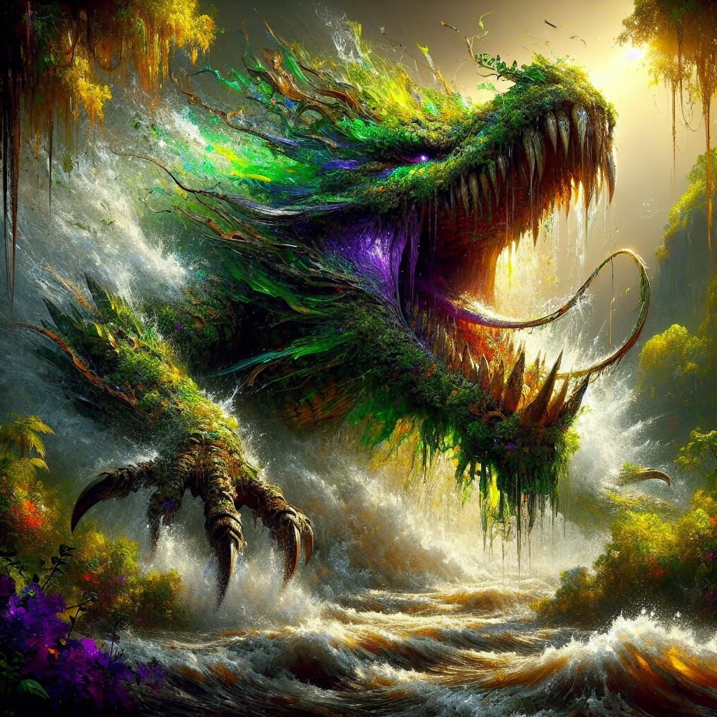 🐉 🐲 A giant dragon wading through a dense jungle river.  by @PatrickF