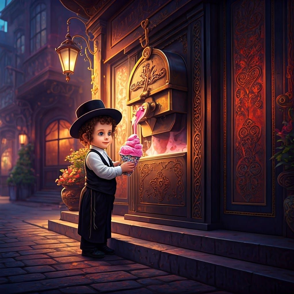 Small Hasidic Jewish Boy Serves Strawberry Ice Cream in Fant...