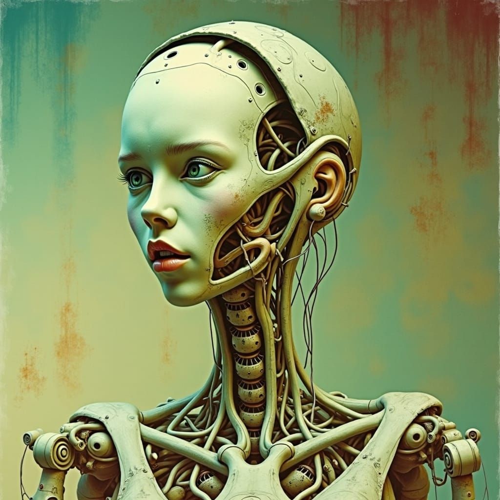 Abstract humanoid robot nurse with exaggerated features and biomechanical limbs in an awkward pose viewed through a chromatic aberration. Su...