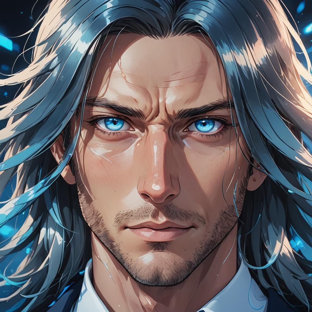 Handsome business man, blue eyes, long hair