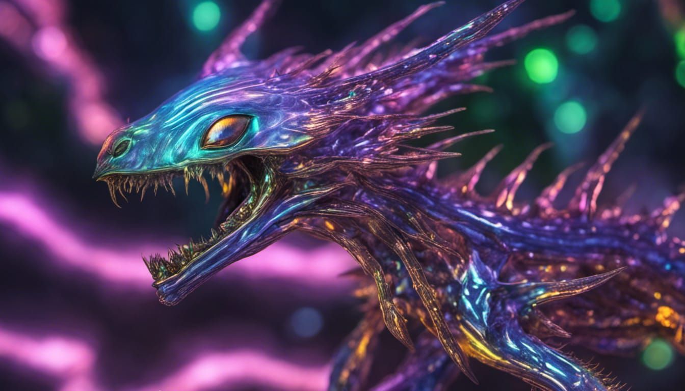 Sparkling venomous Alien animal-plant, all reflecting lightn...