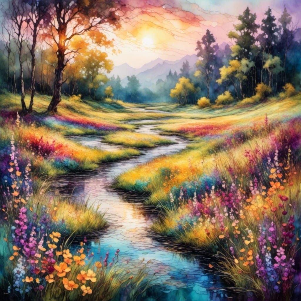 Impressionist Wildflower Meadow at Sunrise