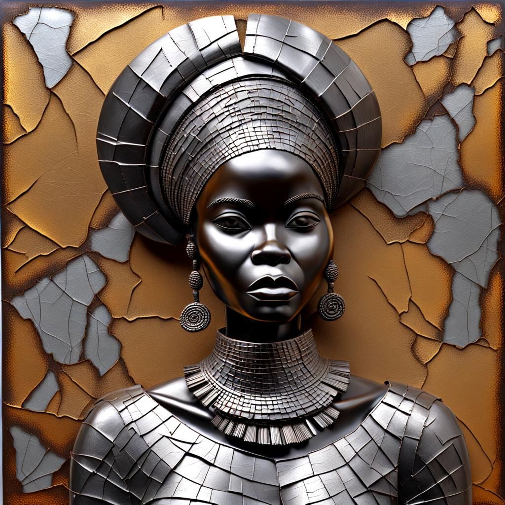 Metal art. welded sculpture of 3d cracked paint of an africa...