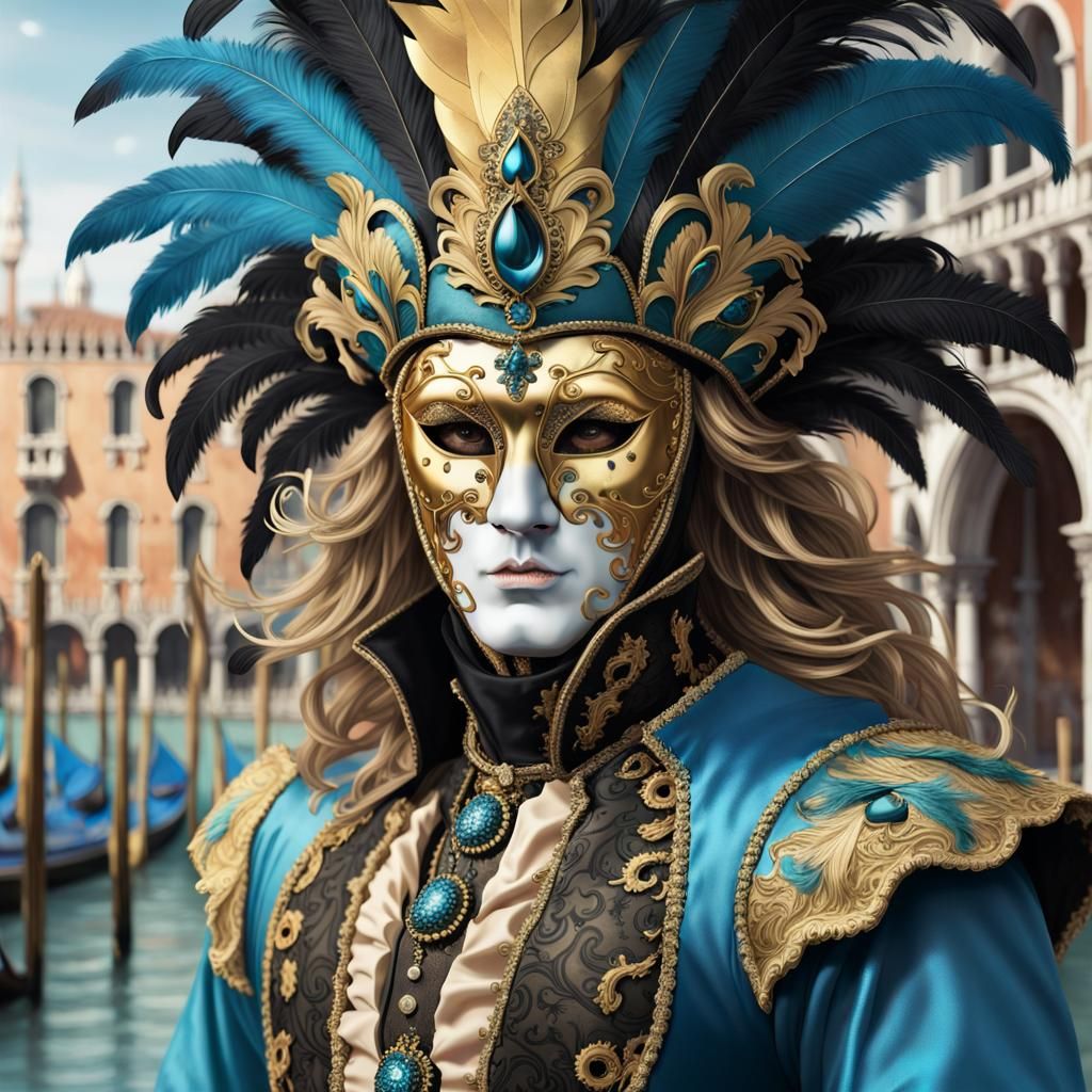 male whole body figure in full venice mask and carnival costume, gold ...