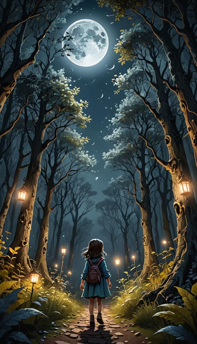 a little girl entered a magical forest under the full moon l...