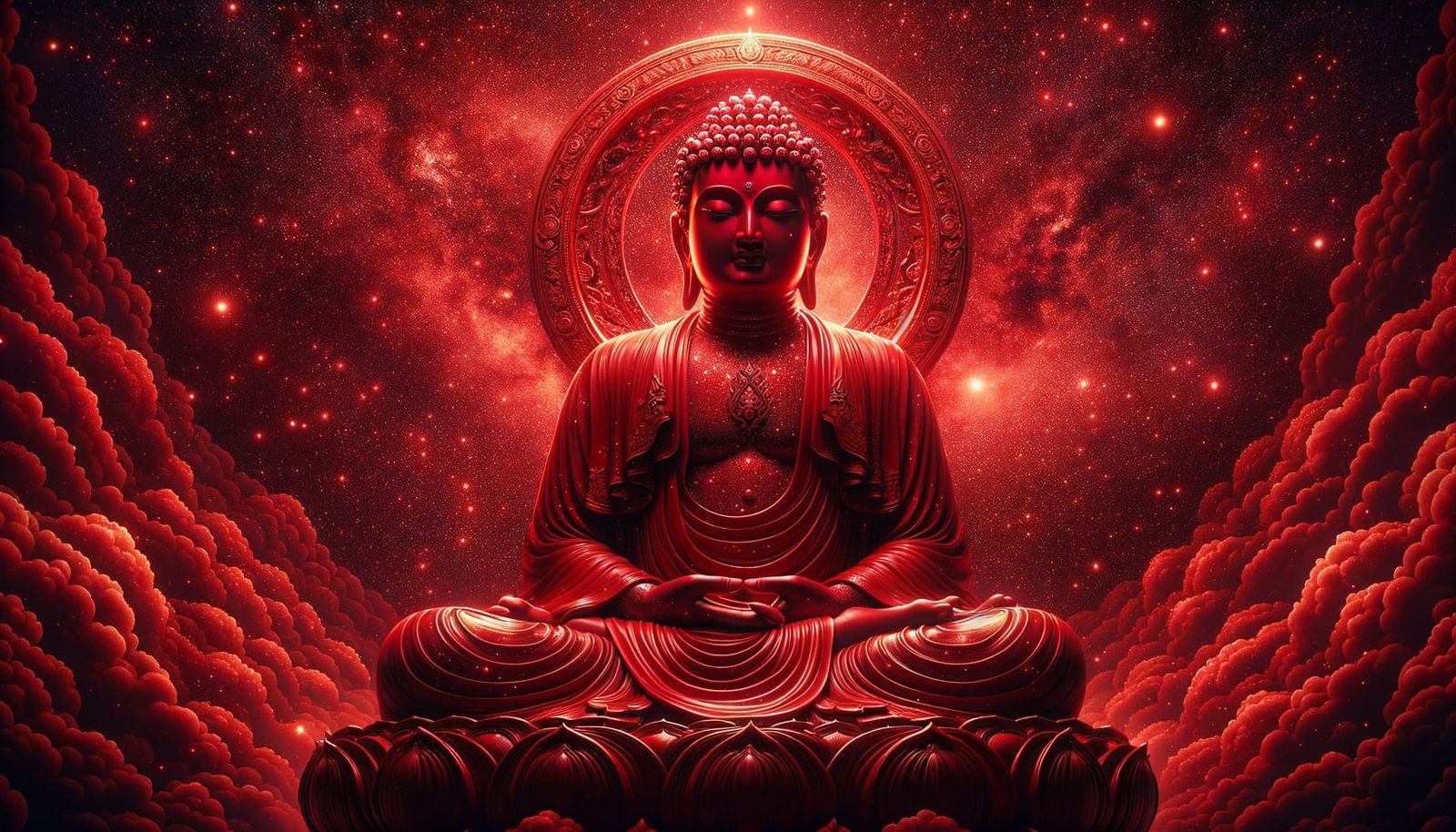 Crimson Amitabha Buddha Meditating Under Starry Sky
