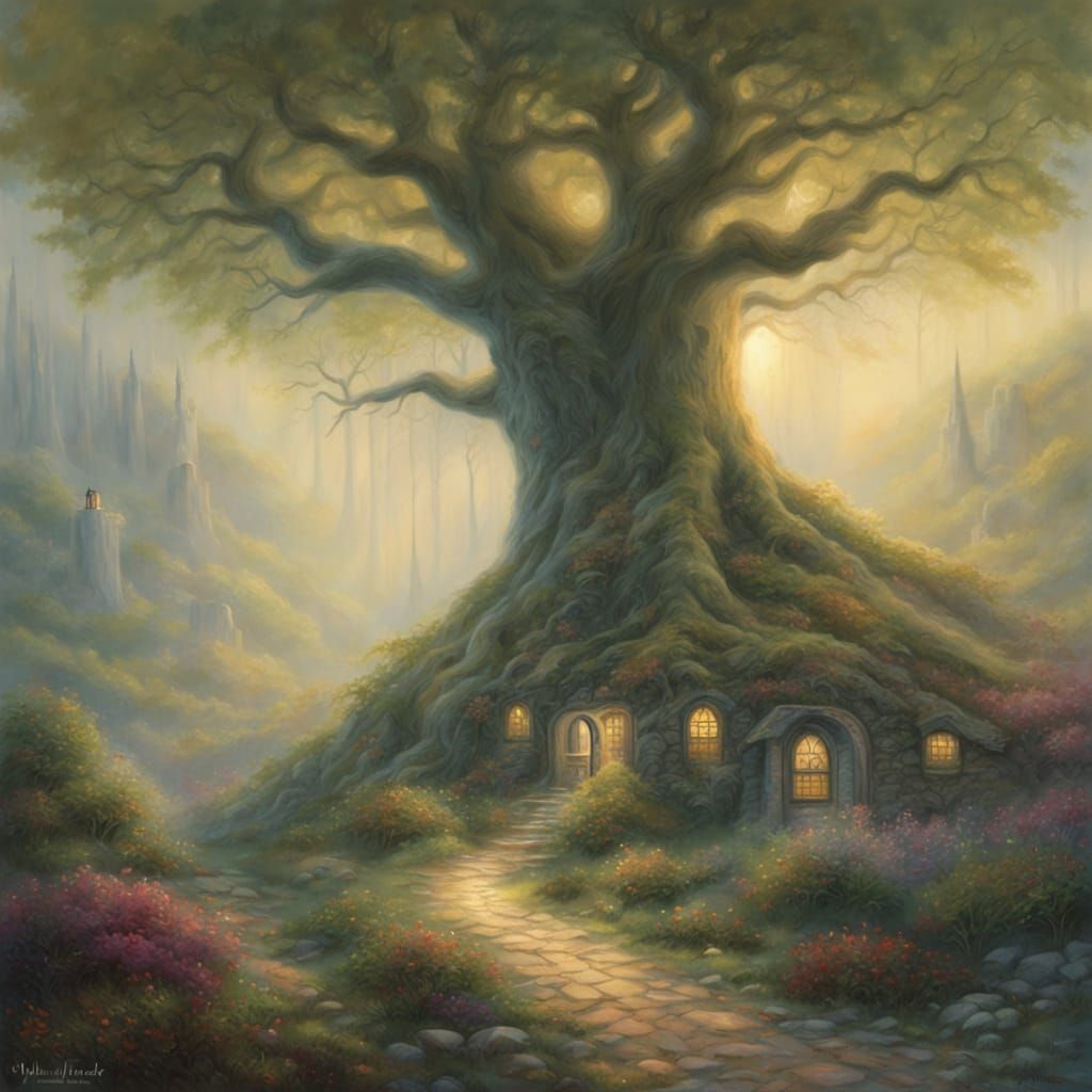 colossal tree with roots winding around entire cities Tiny, ethereal figures wander among the glowing roots of the Niantha trees, the roots ...