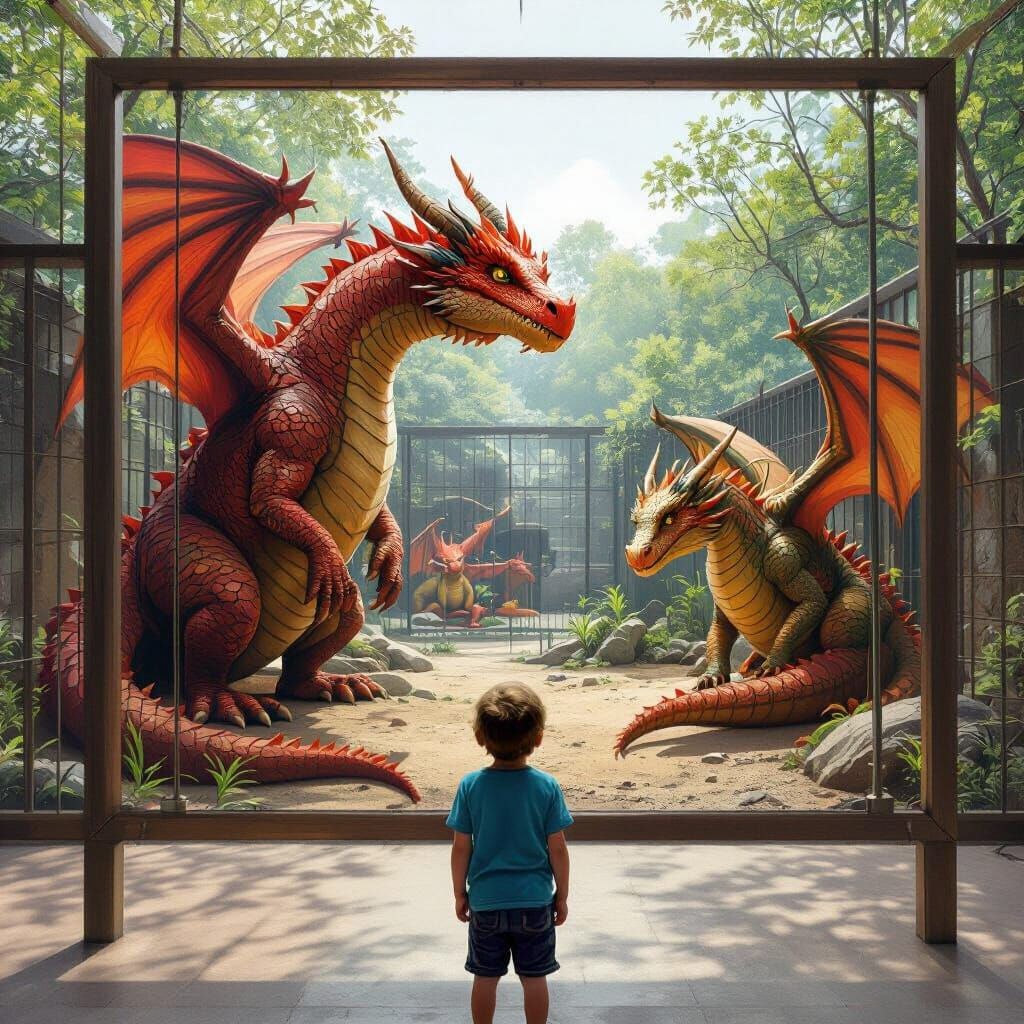 I want to make a large portrait size image of a zoo enclosure that houses dragons. I want it to be hyper detailed and realistic. In the fram...