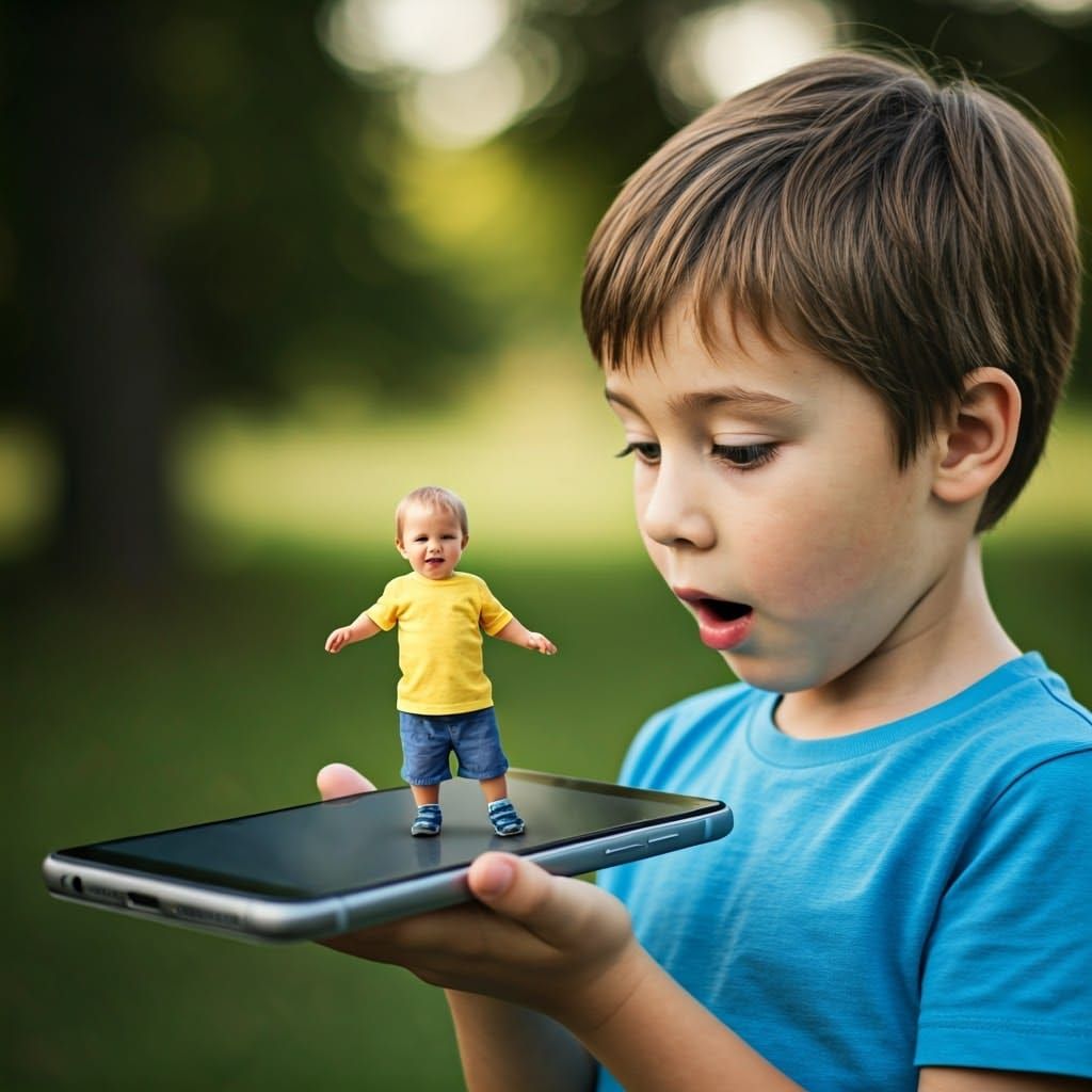 Boy Emerges From Phone Screen in Realistic Style