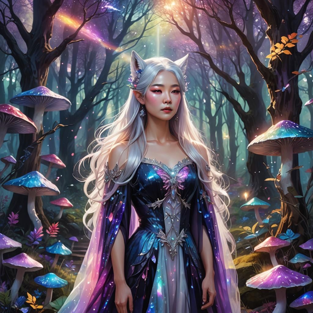 korean lady silver hair rainbow dress rainbow crystals white...