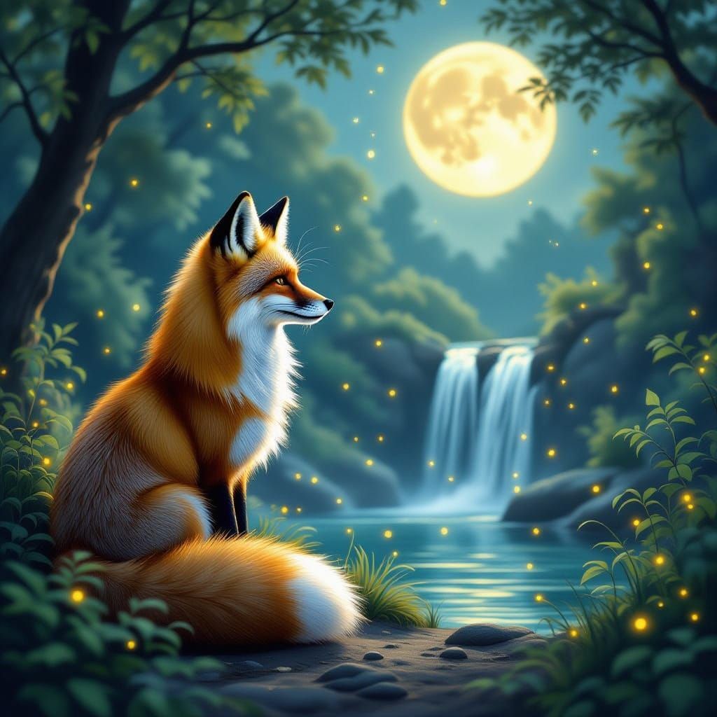 A majestic fox with fur like molten gold stands at the edge of a moonlit clearing, its gaze fixed on ...  by @Ann