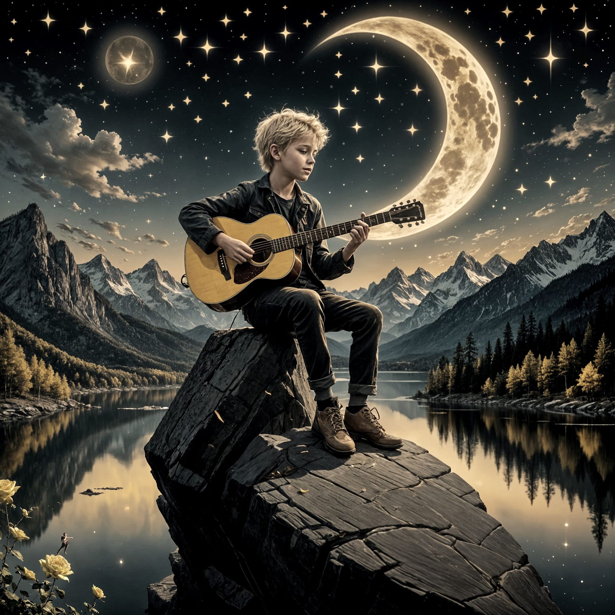 A blond boy sits and plays the guitar, musical notes in the air, the boy sits on a high cliff on the edge of a lake, at night a large half m...