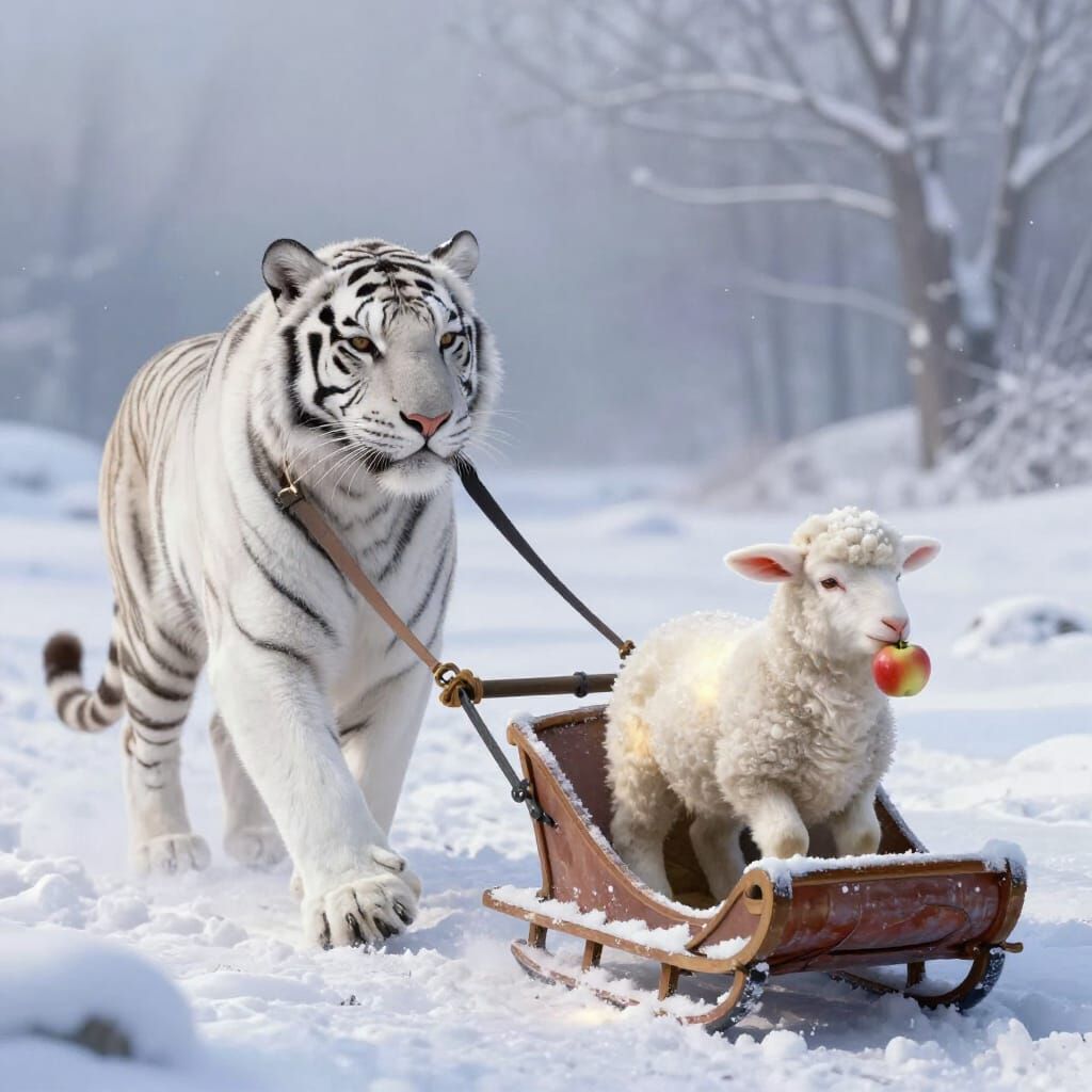 White Tiger Pulls Lamb on Sled in Ethereal Winter Scene