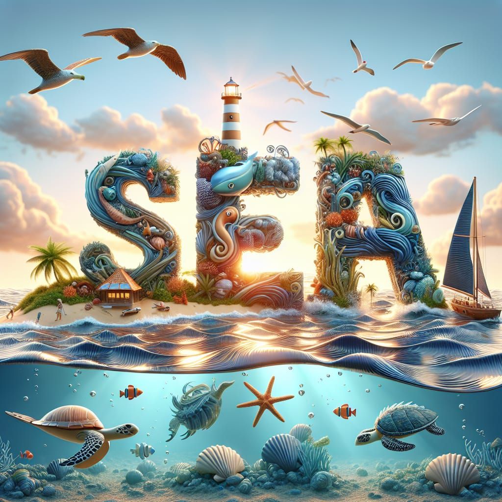 Photo of the word ‘Sea’ in 3D where each letter is intricately constructed using aquatic elements such as light house, p...
