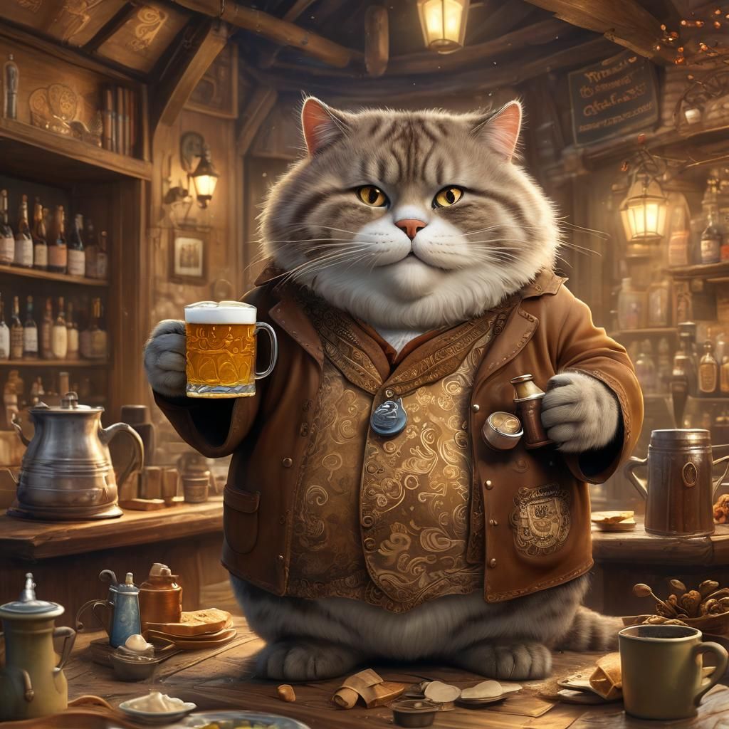 Cozy Cat Caricature with Beer as Fantasy Art