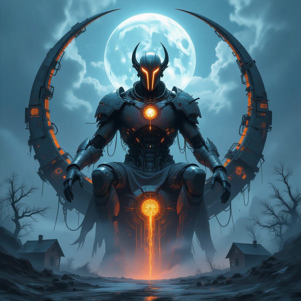 A dystopian myth-tech fantasy with nightmarish cinematic lighting. Suspended in a storm-shattered sky is a colossal cyber-deity, a fusion of...