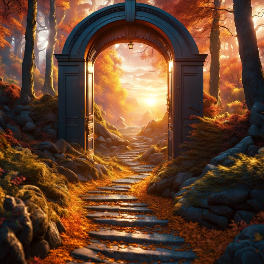 A vivid autumn forest. There is a magical doorway in the center of a path and through it can be seen ...  by @Jacquelynn