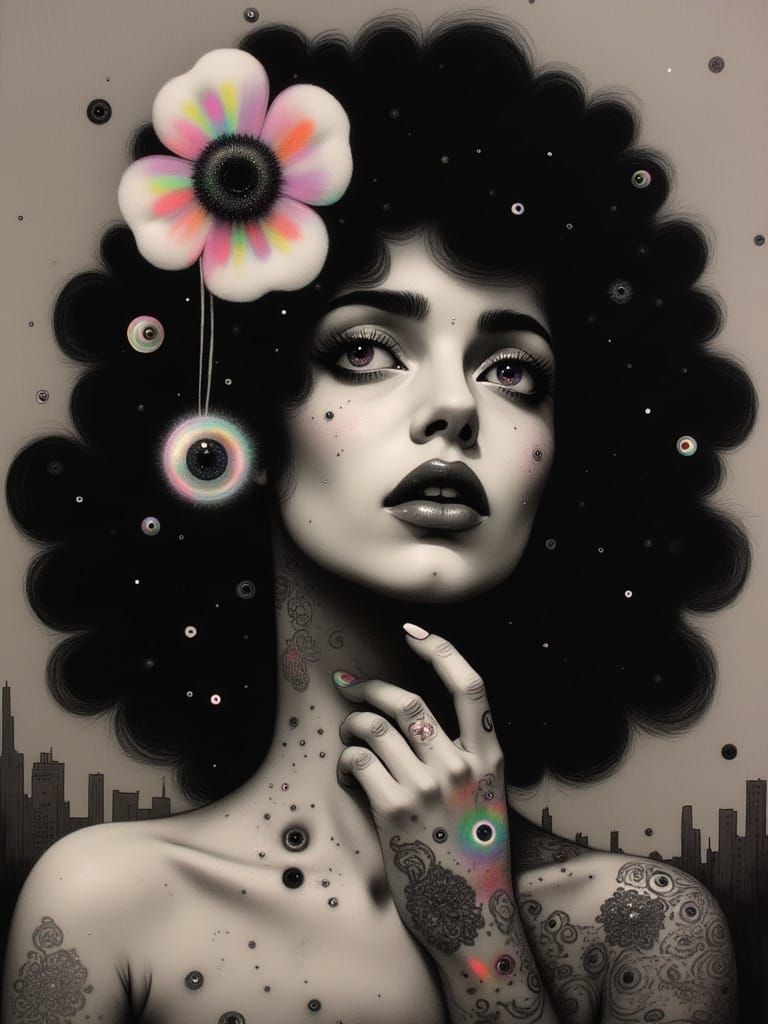 Diana Ross with Black and white iridescent tattoo collage sc...