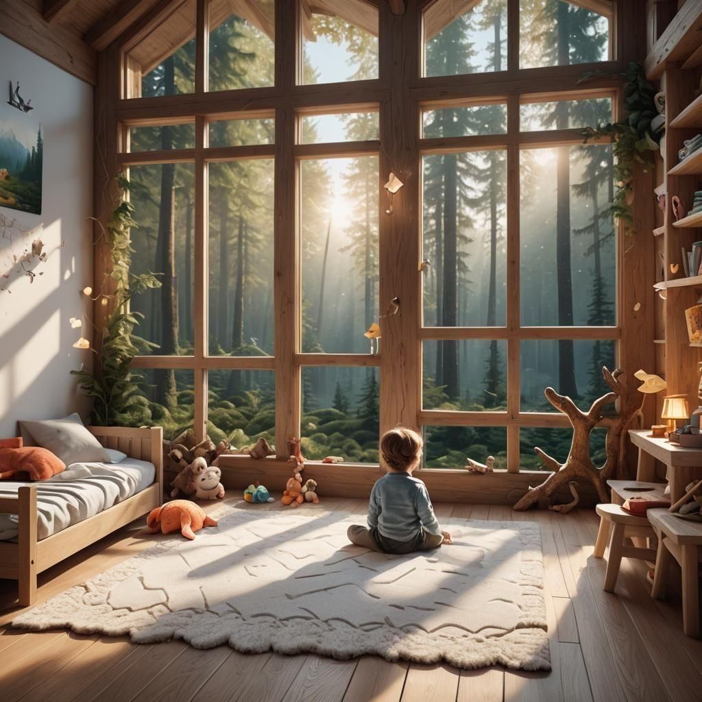 Child's room, white bed,  white walls, wooden details, fishbone floor, fluffy mat, big windows, forest scenery, lots of light, minimalistic