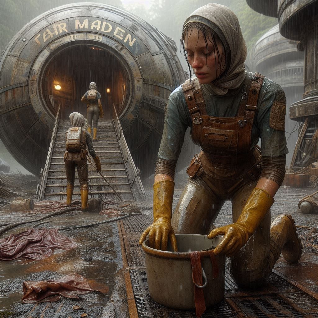 A few tired female workers are cleaning the exit ramp of an old spacefreighters landed shuttlecraft  in the rain (4)