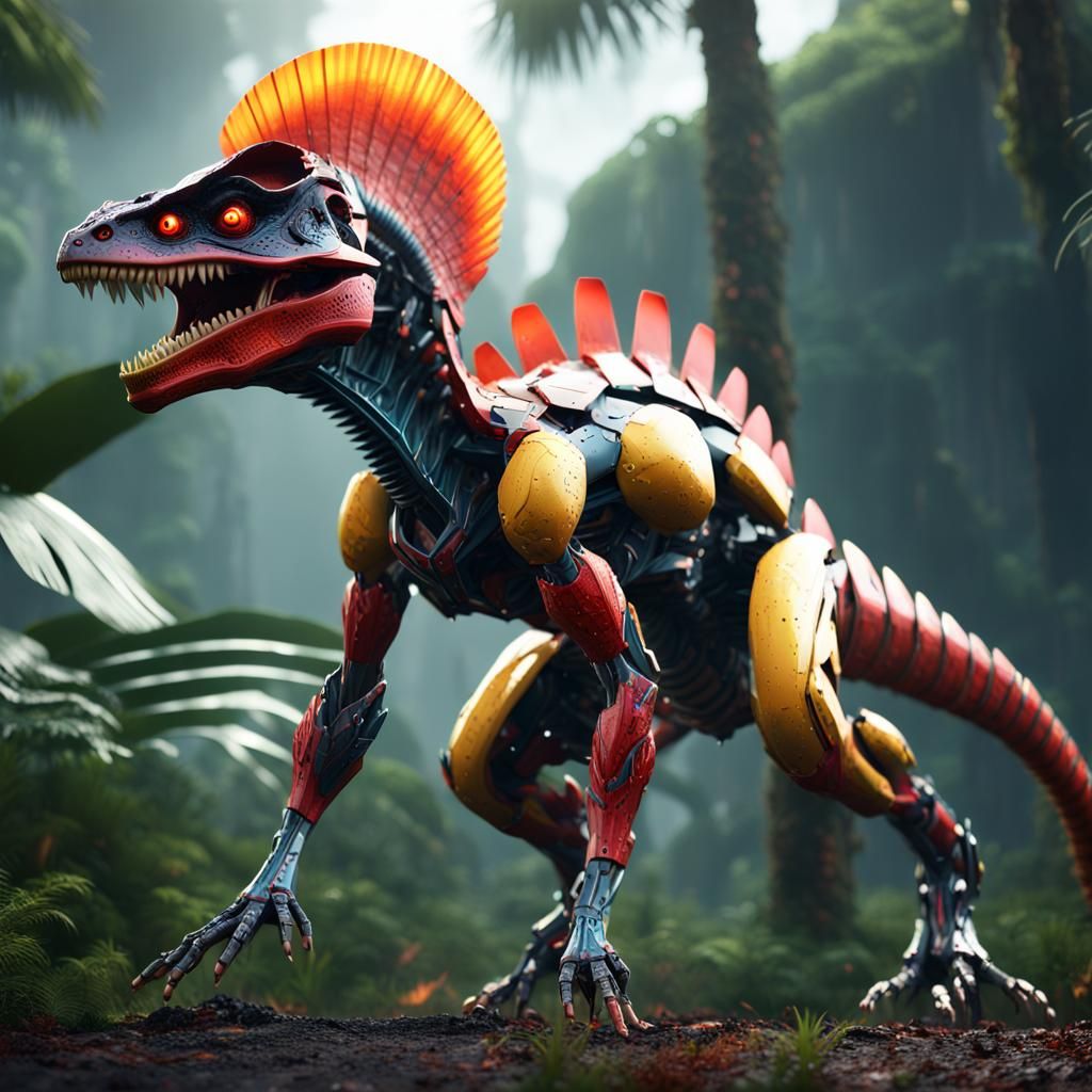 An angry Dilophosaurus spitting vibrant venom in the jungle....