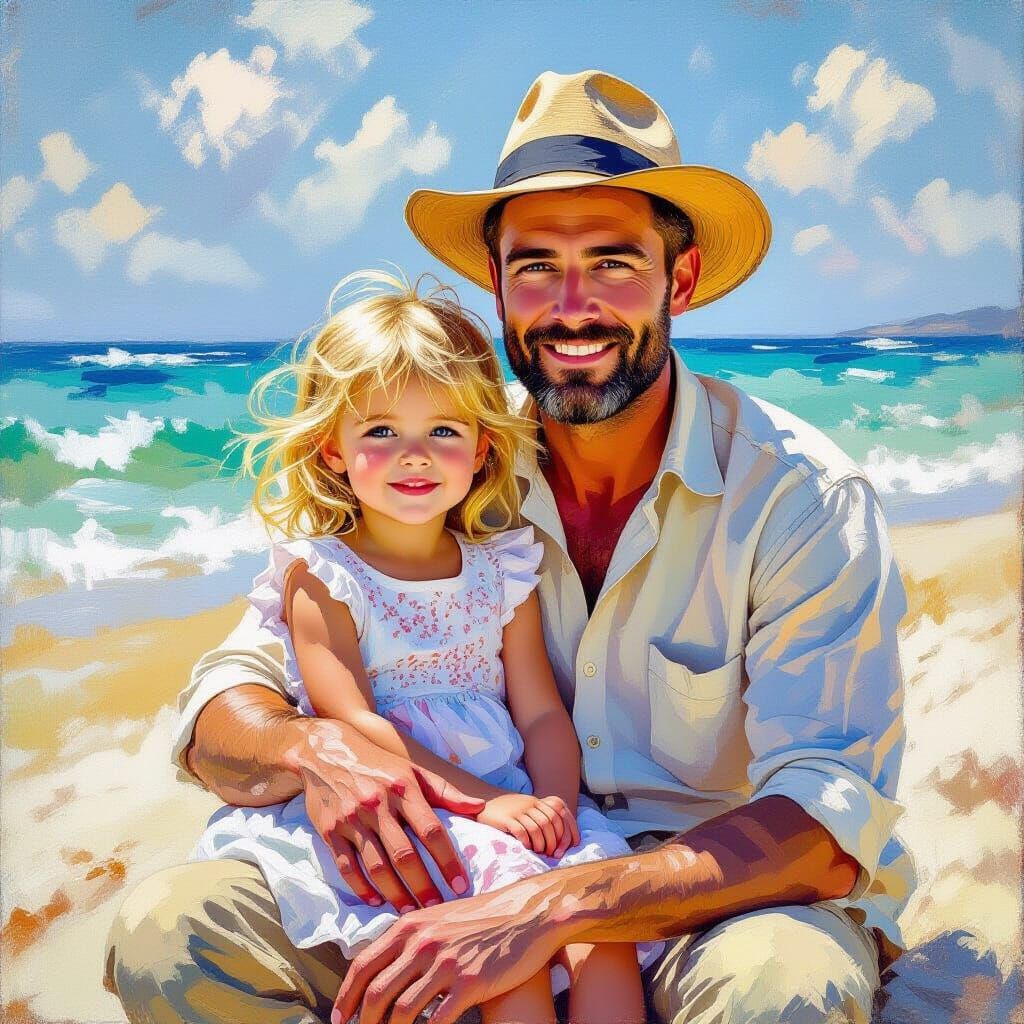 Father and Daughter on Beach in Impressionist Style
