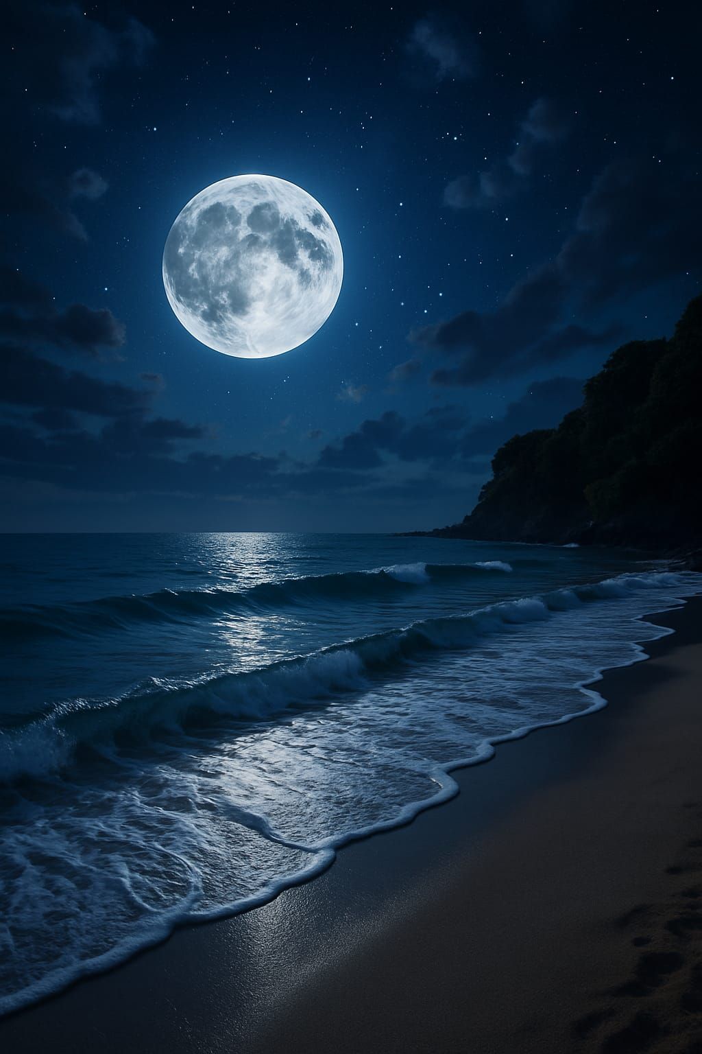 A full moon above the night waves – a quiet beach under a starry sky