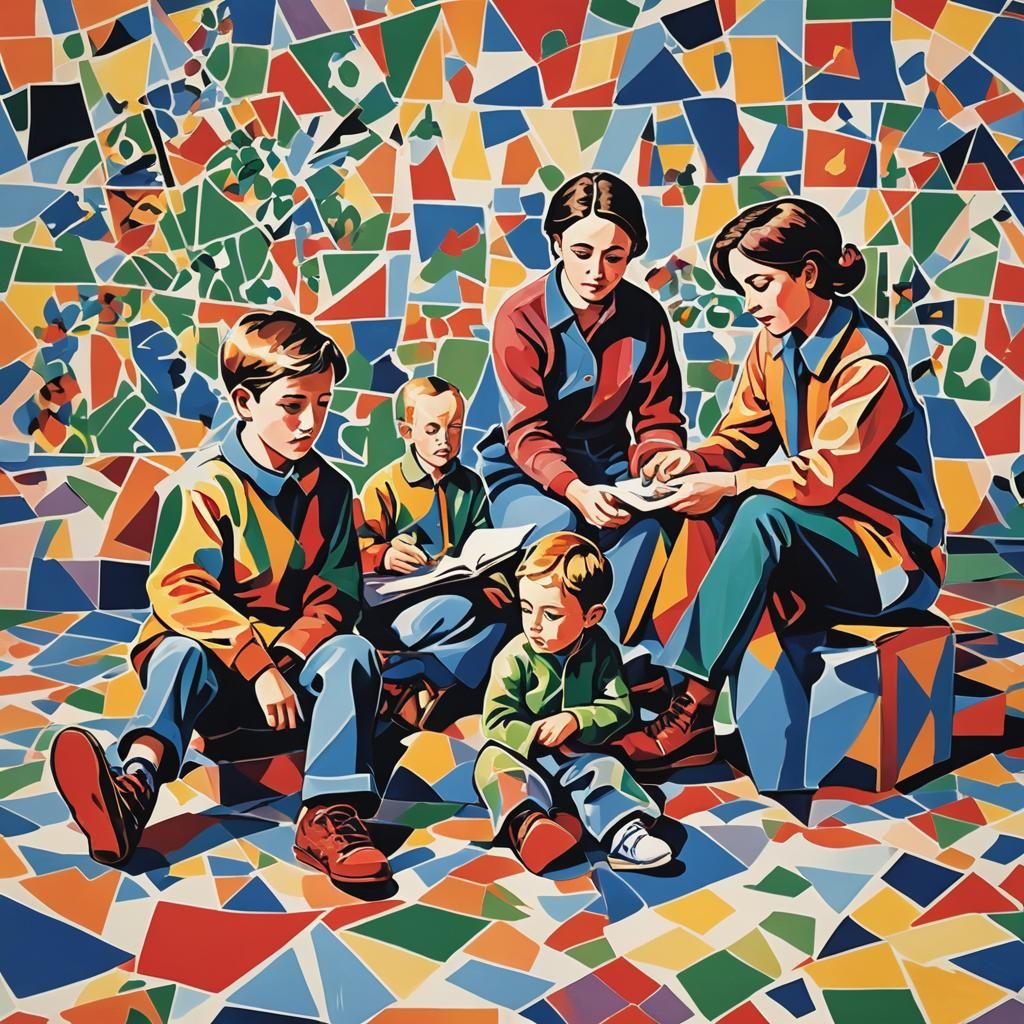 Minimalism three kids, cubism kids, kids sitting, kids playi...