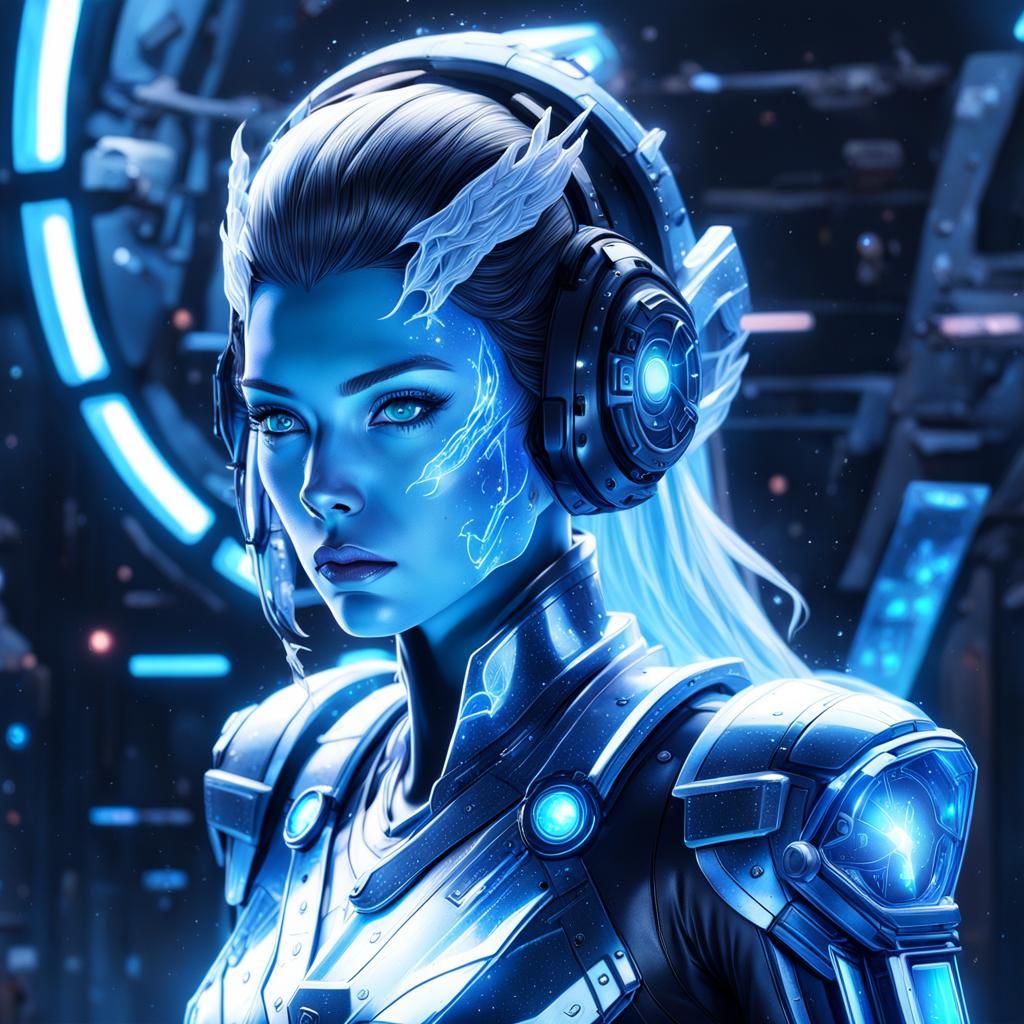 Hologram of space princess, inside starship battle cruiser, ...