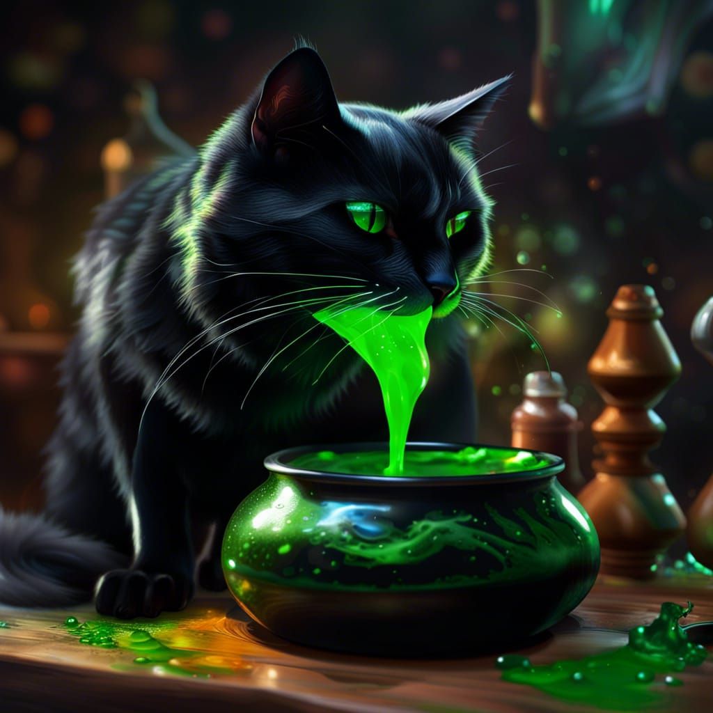 black cat making potions from a cauldron of green liquid clear face ...