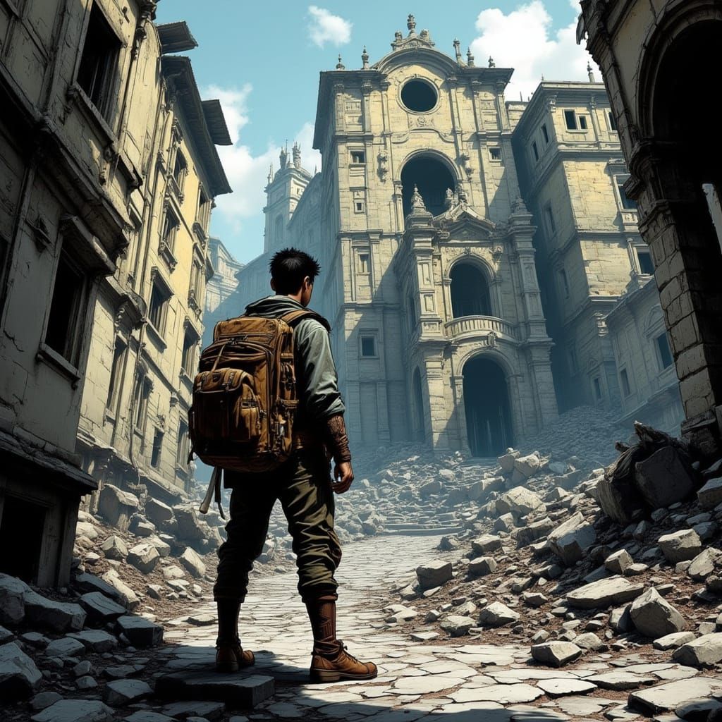 High quality p <lora:Macabro:1,0> Detailed comic book illustration of the ruins of an abandoned building in Europe, comic book style, gritty...