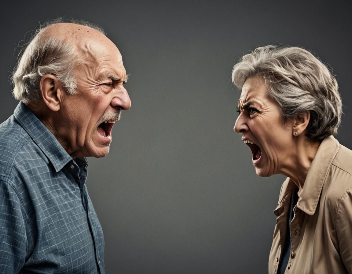 an old man and one angry woman shouting at each other    