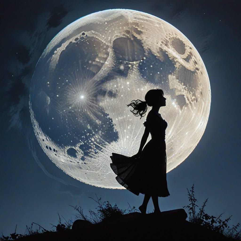 Whimsical silhouette by David Mack, backlit by a giant moon  by @Andy Does AI