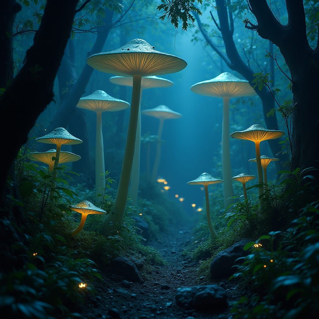 A bioluminescent mushroom forest deep within an alien jungle. Towering fungi emit a soft, ethereal glow, illuminating the strange and exotic...