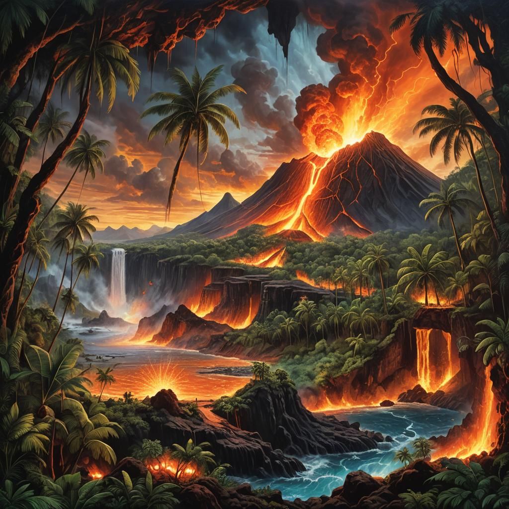 A volcano erupting, rivers of lava flowing toward the iron-colored sea. Beneath it, on a rocky island, ...  by @Mauro Vandal