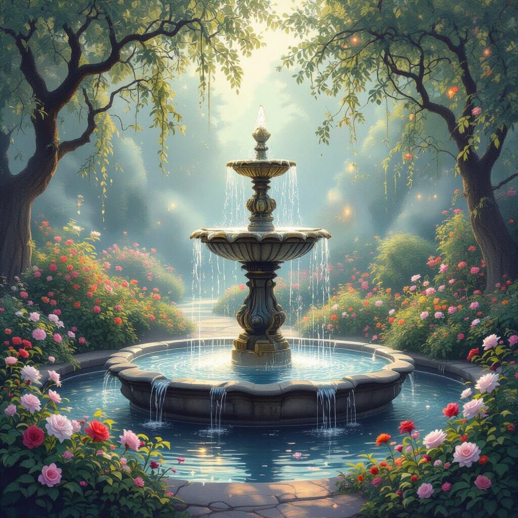 Vintage Fountain in Magical Garden with Luminous Fantasy Art