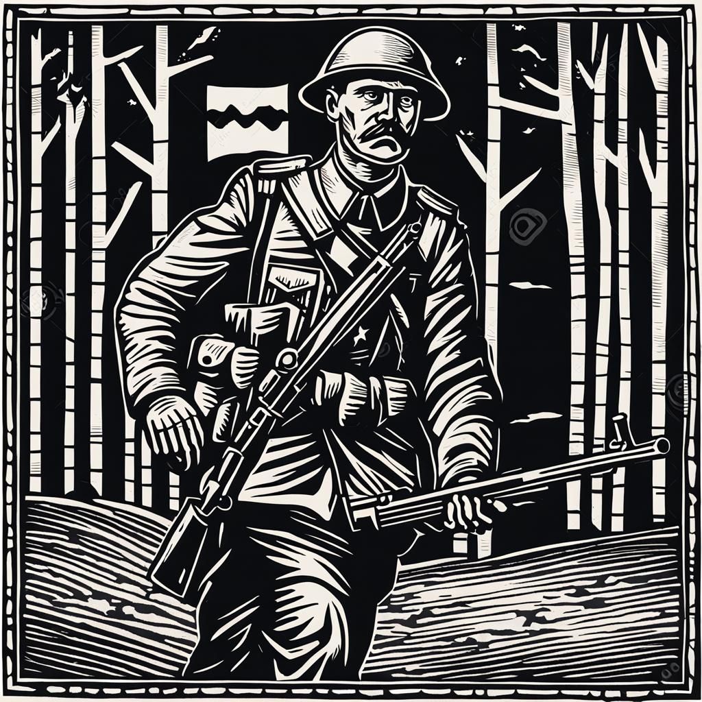 british ww1 soldier made in linocut style