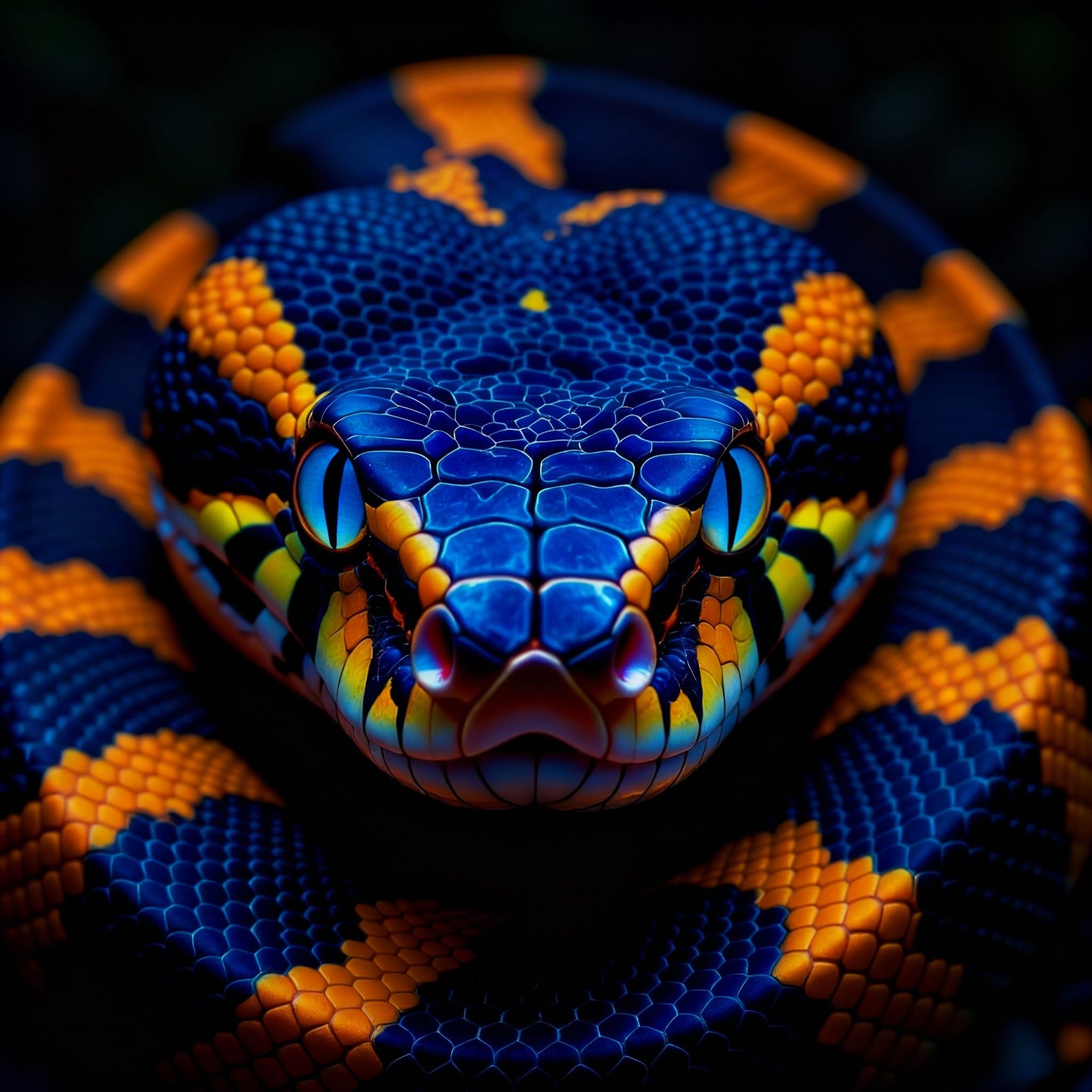 A female Indian rock Python hypnotized with blue dark blue yellow and cyan colour rings that replace her eyes