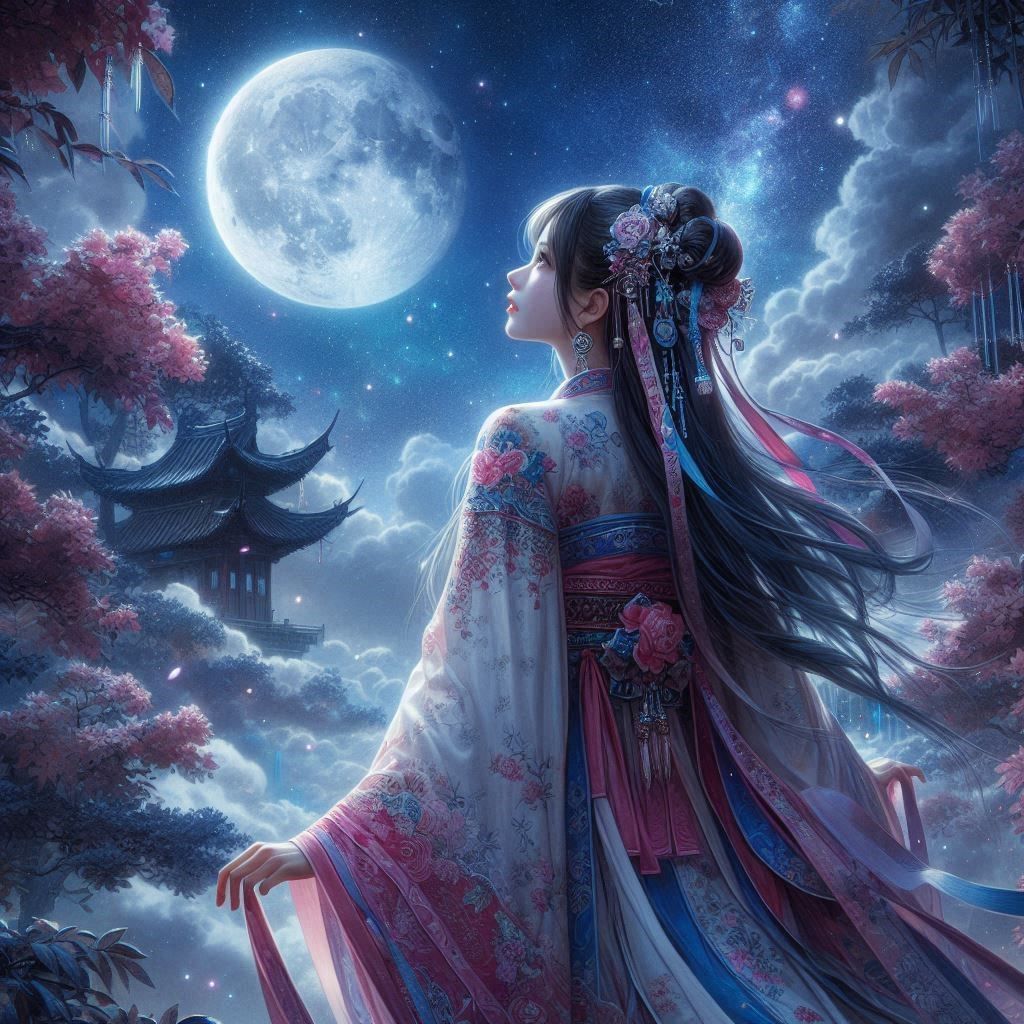 girl looks up ath the moon