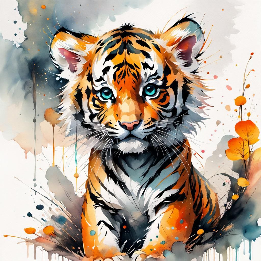 Cute Tiger Cub in Watercolor Manga Style