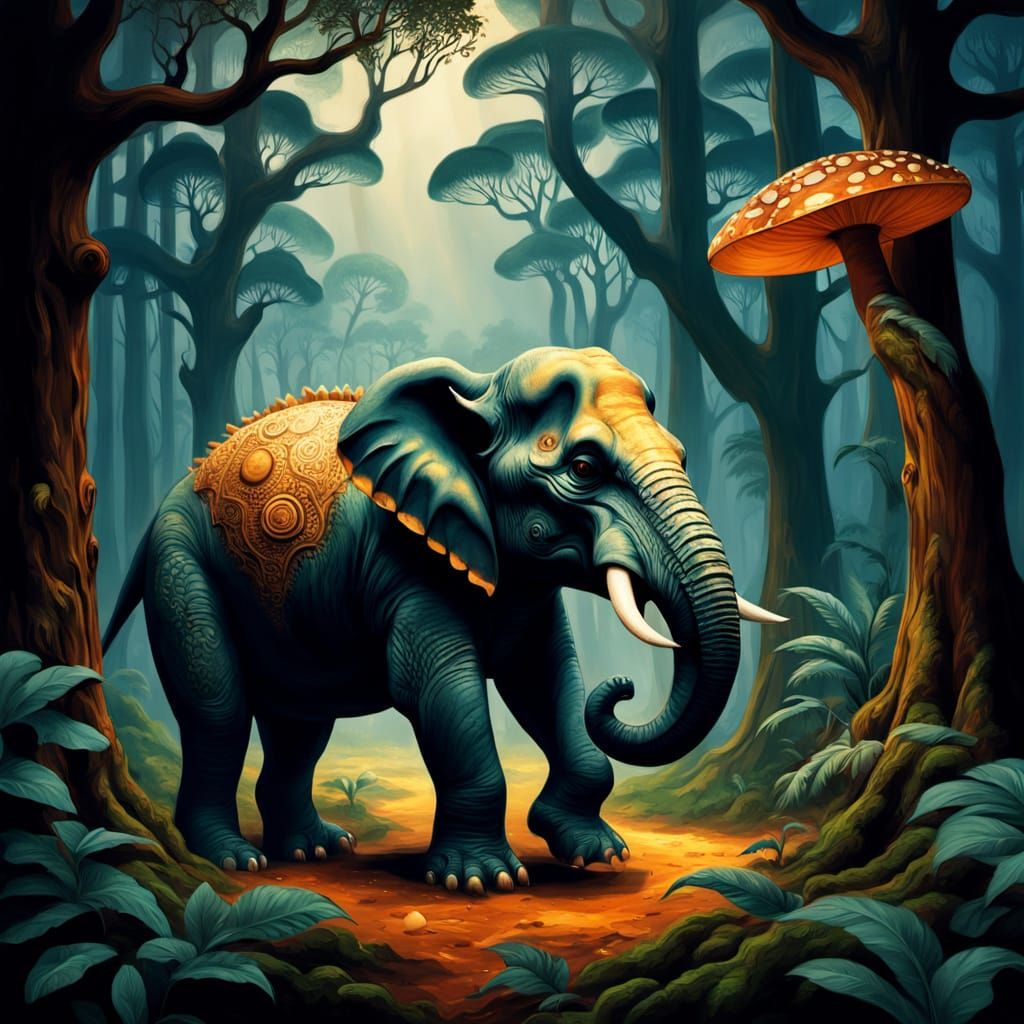 Surreal Dinosaur Emerges from Whimsical Forest in Golden Lig...