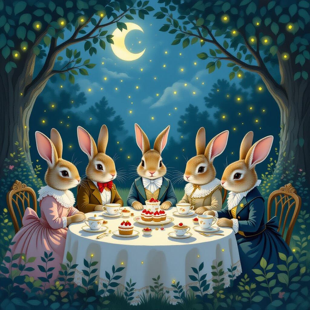 A group of anthropomorphic rabbits dressed in elegant, Victorian-era attire, gathered around a table laden with miniature cakes and teacups ...