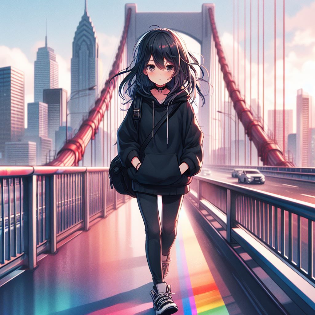 Moon walking on a rainbow bridge