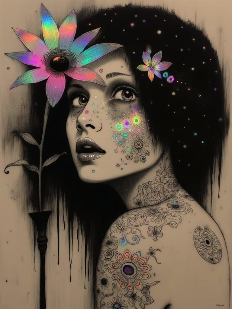 Diana Ross with Black and white iridescent tattoo collage sc...