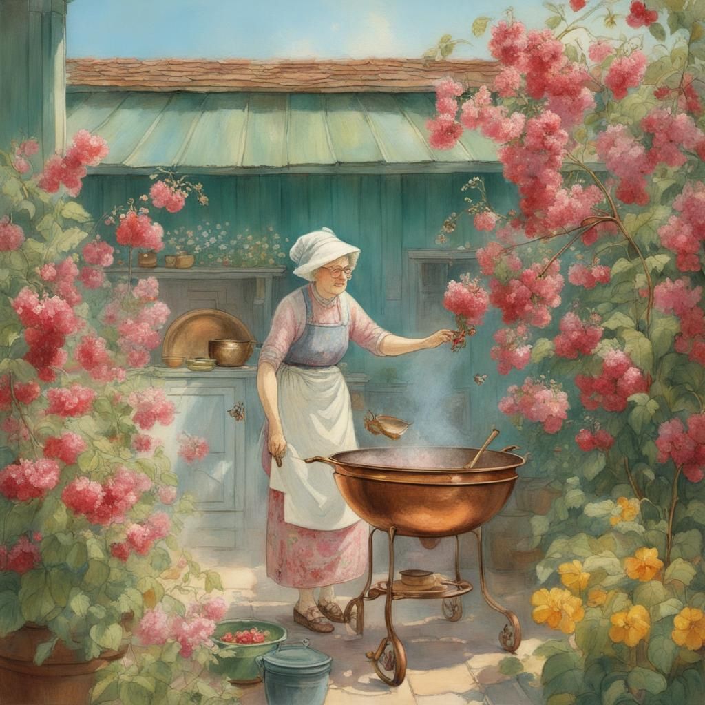 old woman cooking cherry jam