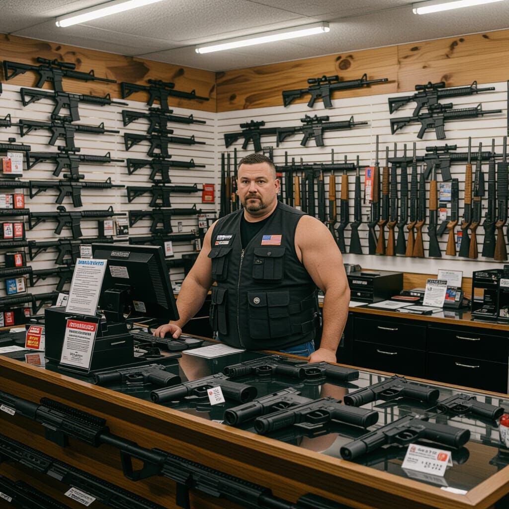 A gun store with shelves filled with dozens of different types of guns and the owner of the store standing behind the cash register is a big...