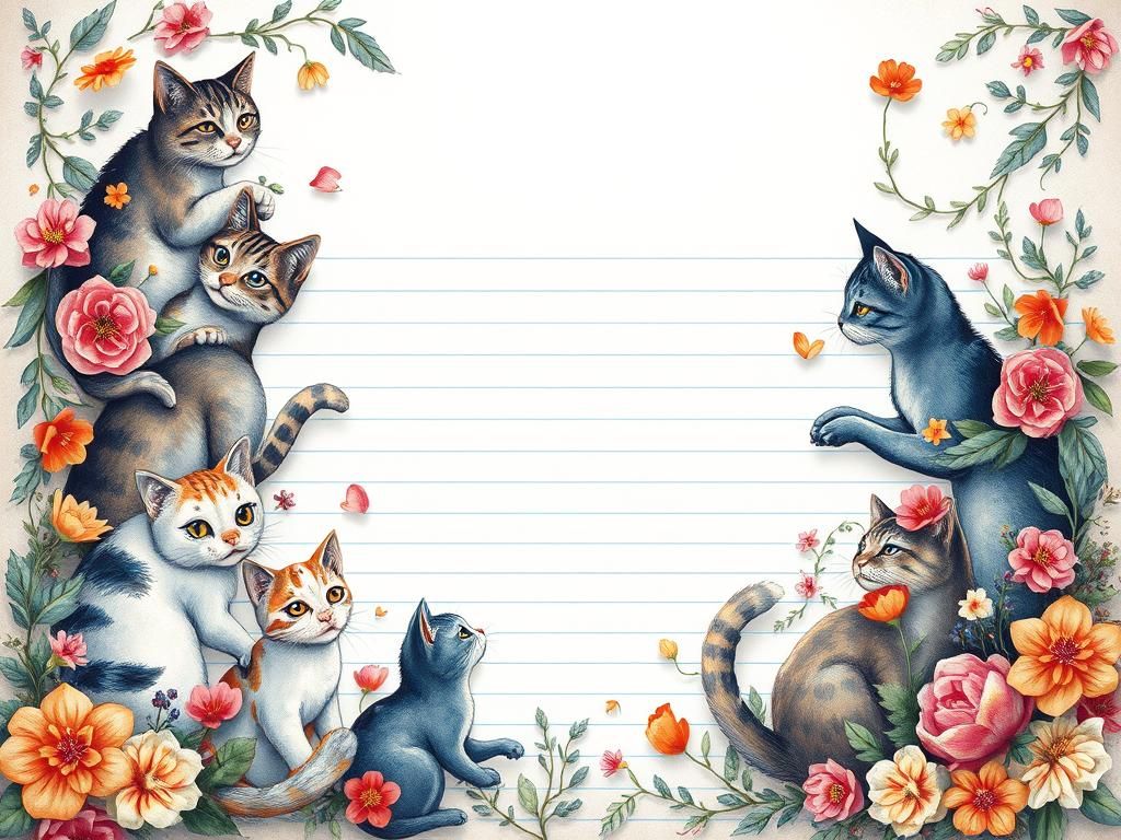 Whimsical Cats and Florals Watercolor Border