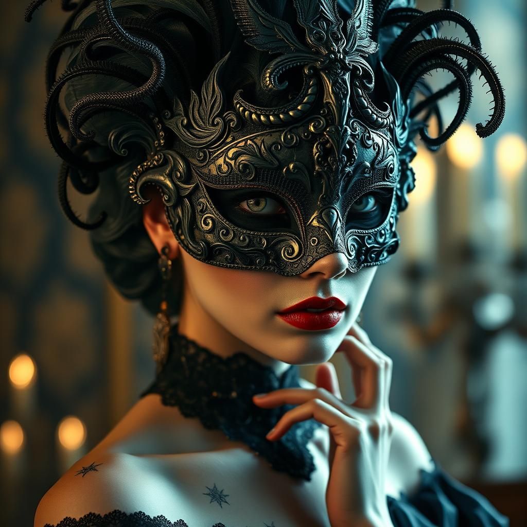 Portrait of a woman in a decorated masquerade mask. the mask has high detail and horror style. the design ...  by @Maiemy